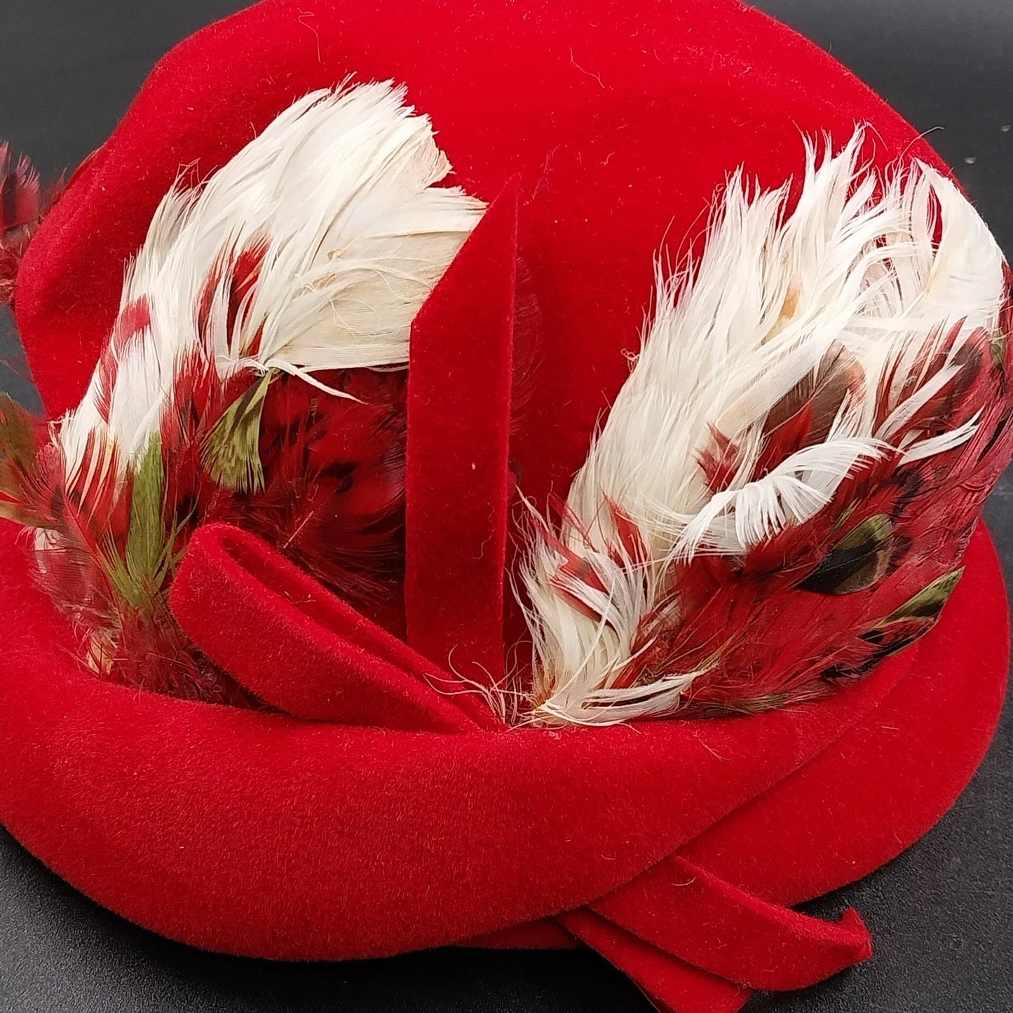 Women's Red Velvet Pillbox Hat By Replica de Parisienne Feather Accent Vintage