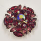 Red & Pink Rhinestone Brooch, Round 2" Diameter Vintage