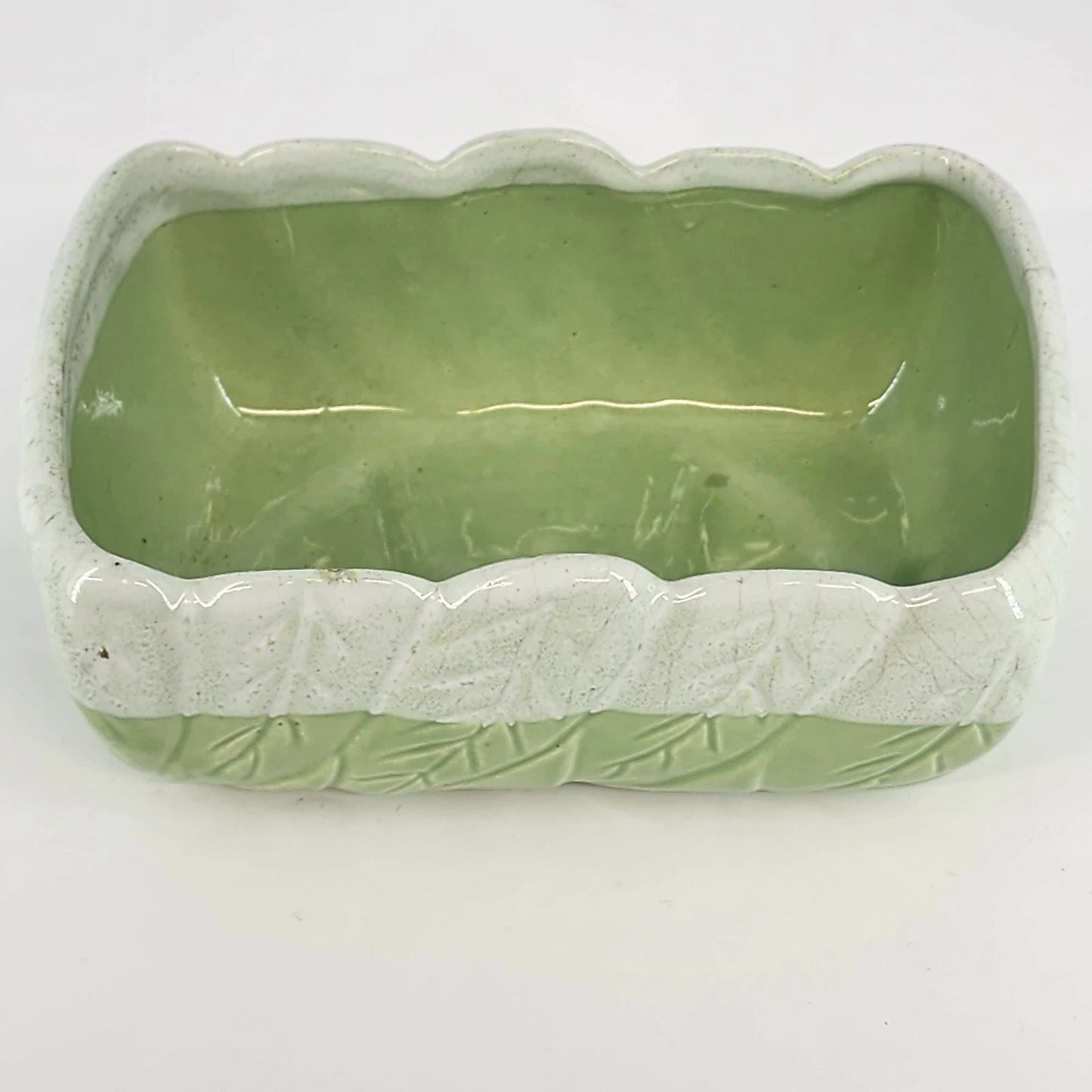 Majolica Rectangular Planter Green & Cream Embossed Leaf Design Two Tone 6.5"