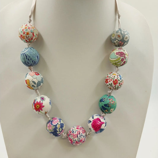 Multicolor Fabric Covered Beaded Boho Necklace Adjustable Satin Ribbon Tie