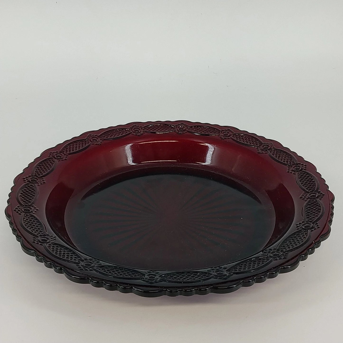 Avon Cape Cod Ruby Red Glass Bowl Pie Plate Roman Rosette Pattern Collectible