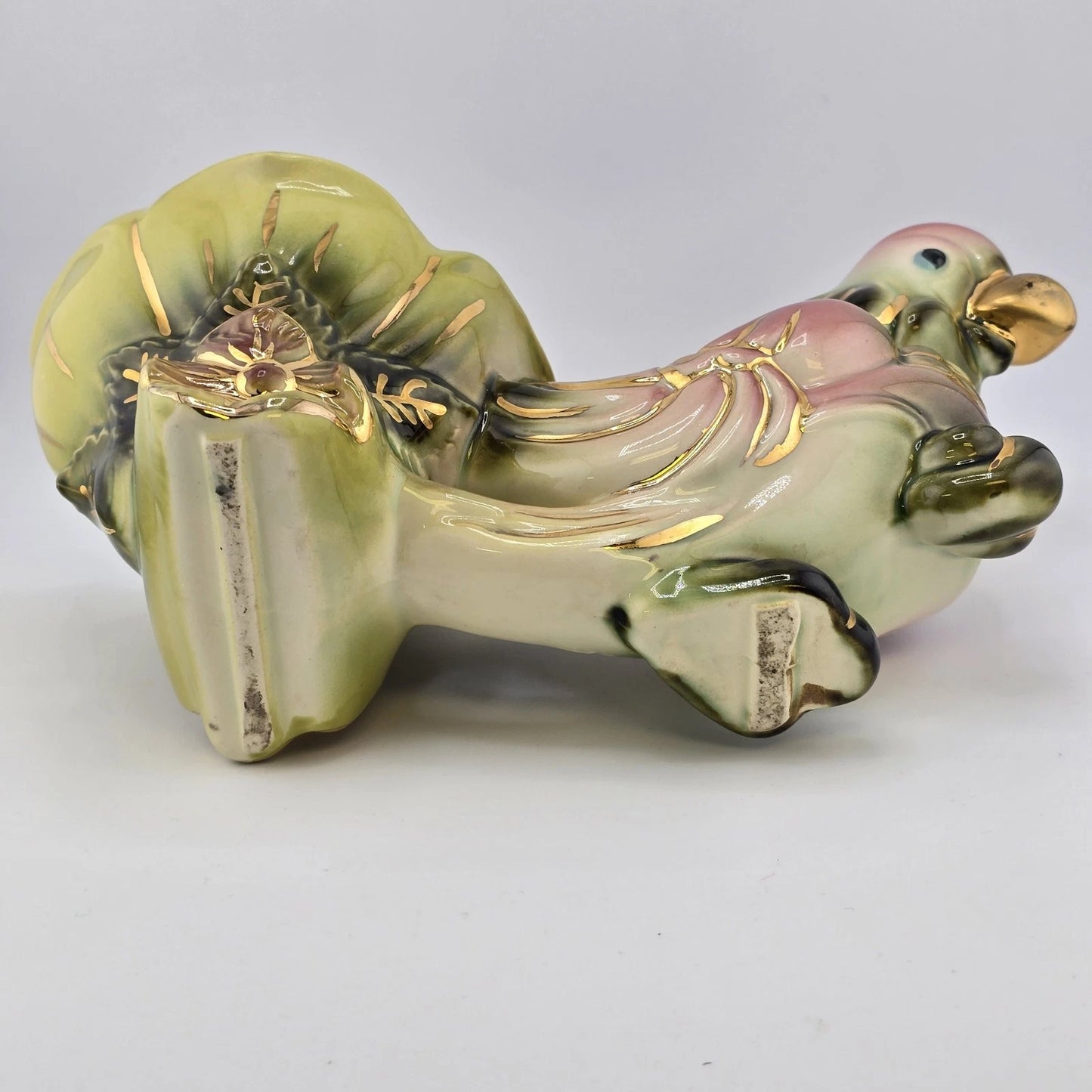 Hull Pottery No 60 Planter Parrot Flower Cart 6" Pink Green w Gold Trim USA