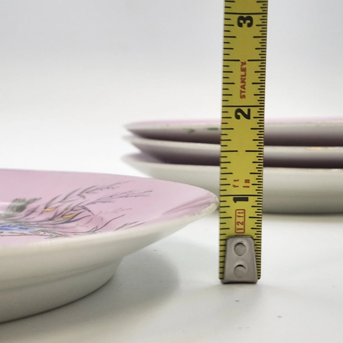Pink Porcelain Dessert Plates Set 4 Birds Nest Blue Flowers Gold 7.5" Vintage