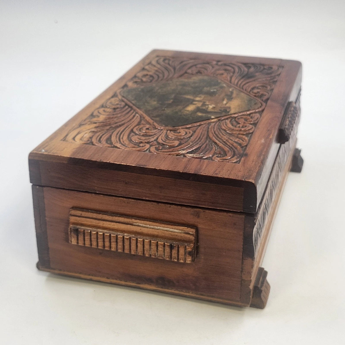 Jewelry Trinket Box 11" Carved Cedar Natural Wood Cottage Scene Footed Vintage