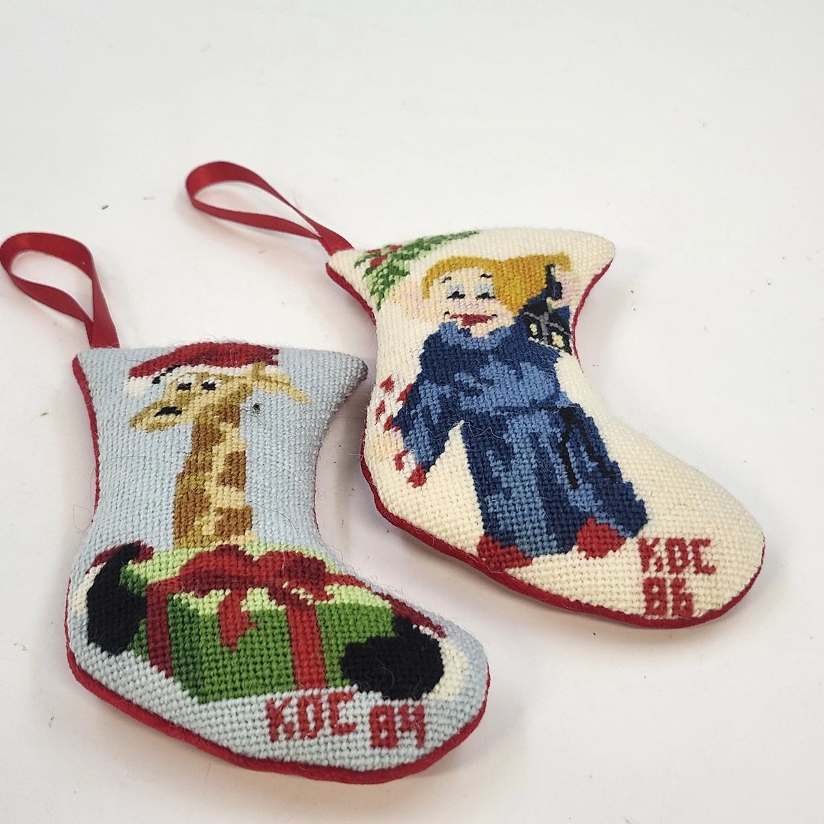 Needlepoint Christmas Stocking Socks Ornaments Giraffe & Angel Set of 2 Vintage
