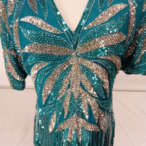 Carina Silk Sequined Top Teal Evening Dress Size L Zipper Hook/Loop Back AS IS