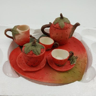 Wong's Polyresin Miniature Tea Set Strawberry Teacups & Teapot Collectible 5"