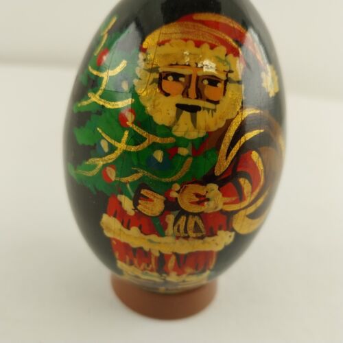 Russian Style 3" Black Lacquer Egg Christmas Santa Claus Ornament Brown Base