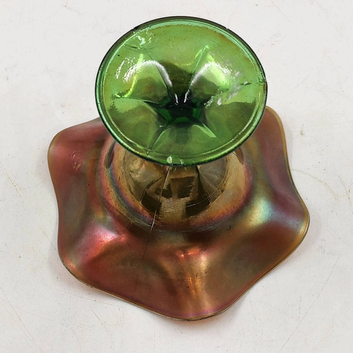 Northwood Carnival Glass Green Smooth Ray Compote Dish Ruffled Iridescent 1908