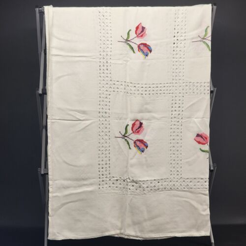 Vintage Tablecloth White Linen Embroidered Tulips and Cut Work