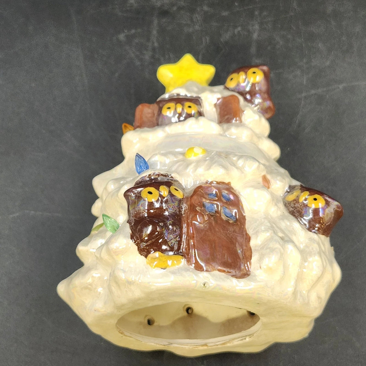 Ceramic Christmas Tree Owl Figurine Iridescent Glaze Light Holes Star on Top 5"