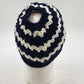 Handmade Crochet Messy Bun Beanie Hat Navy Blue White Striped Ponytail Cap New