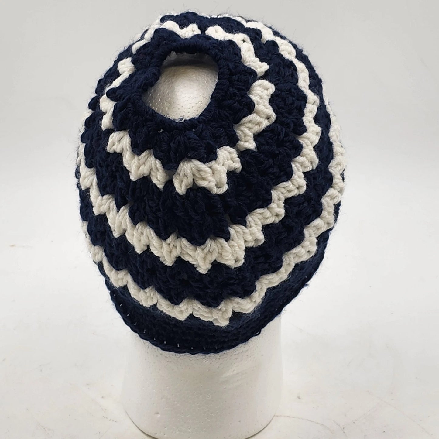 Handmade Crochet Messy Bun Beanie Hat Navy Blue White Striped Ponytail Cap New