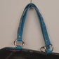 Fashion Express Black Faux Leather Tote Bag Blue Strap Zip Top