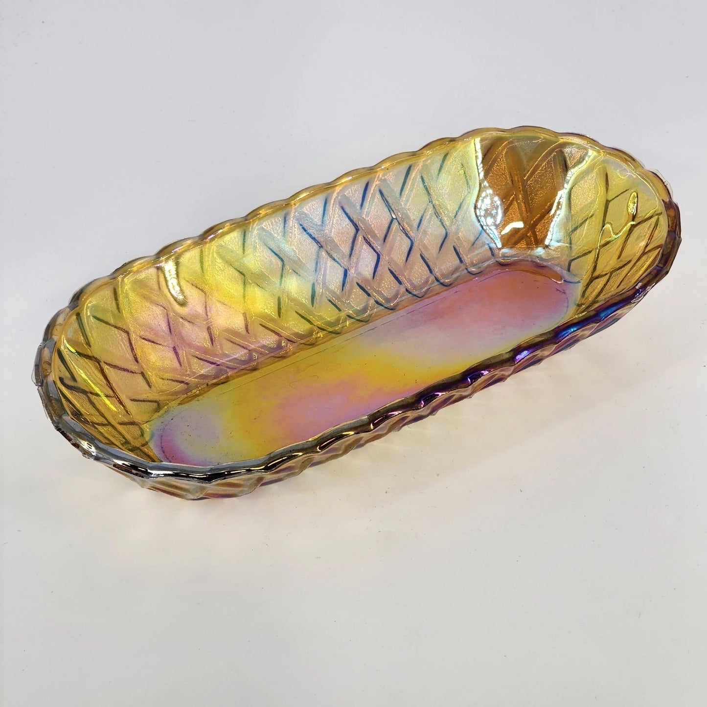 Amber Iridescent Carnival Glass Oval Serving Bowl Scalloped 10.5