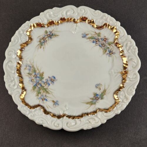 White Ruffled Dessert Plate Blue Floral Gold Pattern Scrolled 8" Dresden Germany