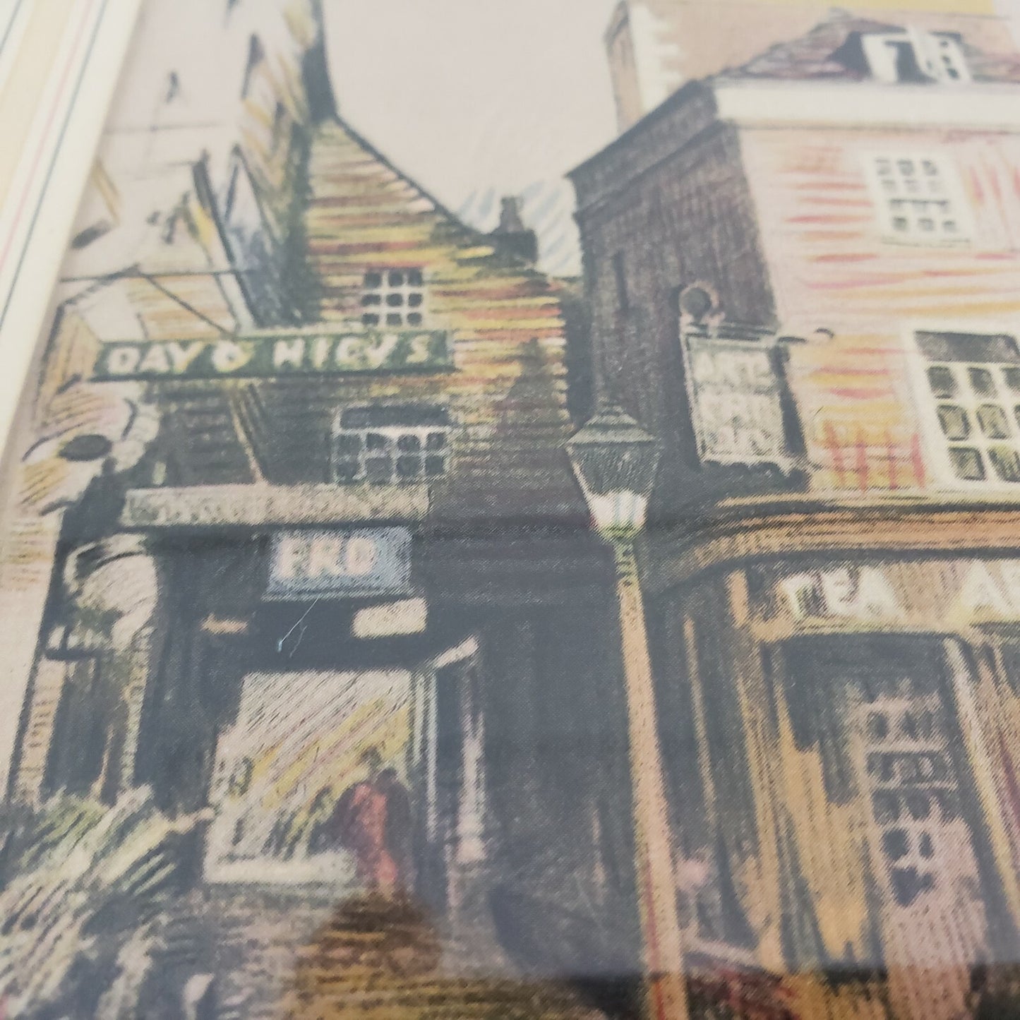 The Square Artwork Village Street Scene Colored Pencil Print Framed Matted 9.75"
