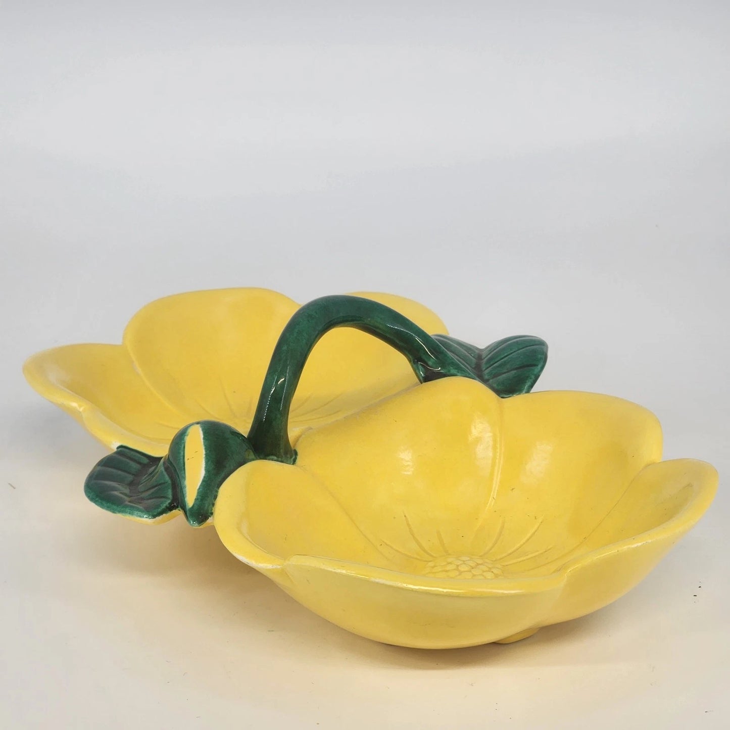 Holland Mold Ceramic Divided Hibiscus Dish Yellow Flowers Green Leaf 10" 1962