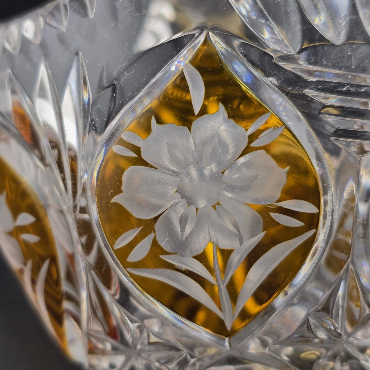 Cut Crystal Basket Amber Cut to Clear Etched Floral Handled 6" Vintage