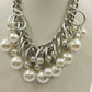 Plunder Knot Cord & White Faux Pearl Chunky Beaded Necklace Silver Tone Chain 8"