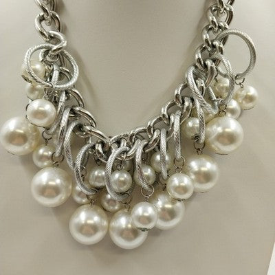 Plunder Knot Cord & White Faux Pearl Chunky Beaded Necklace Silver Tone Chain 8"
