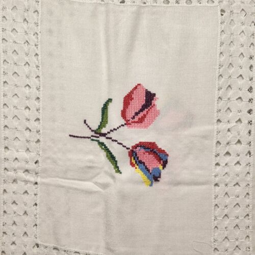 Vintage Tablecloth White Linen Embroidered Tulips and Cut Work