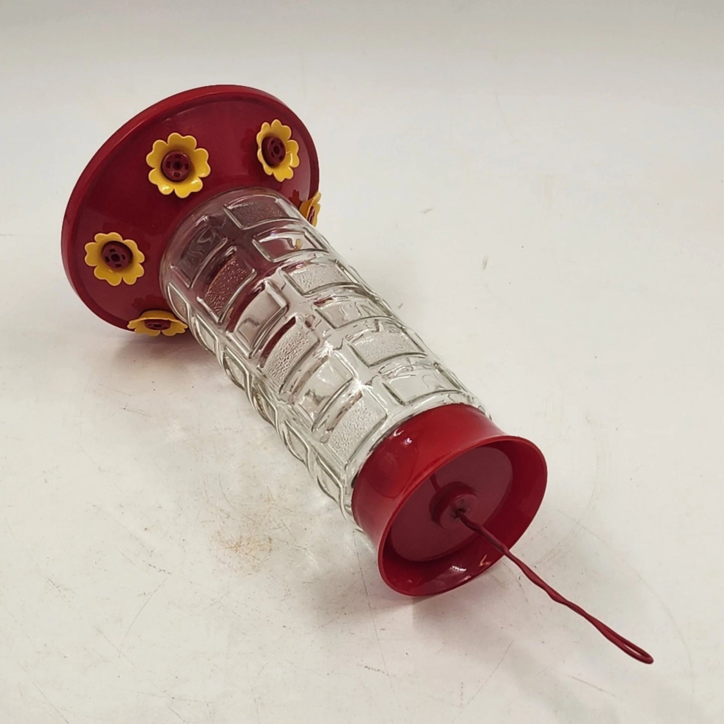 Clear Glass Panel Hummingbird Feeder Red Base 6 Yellow Flower Ports Gravity Feed