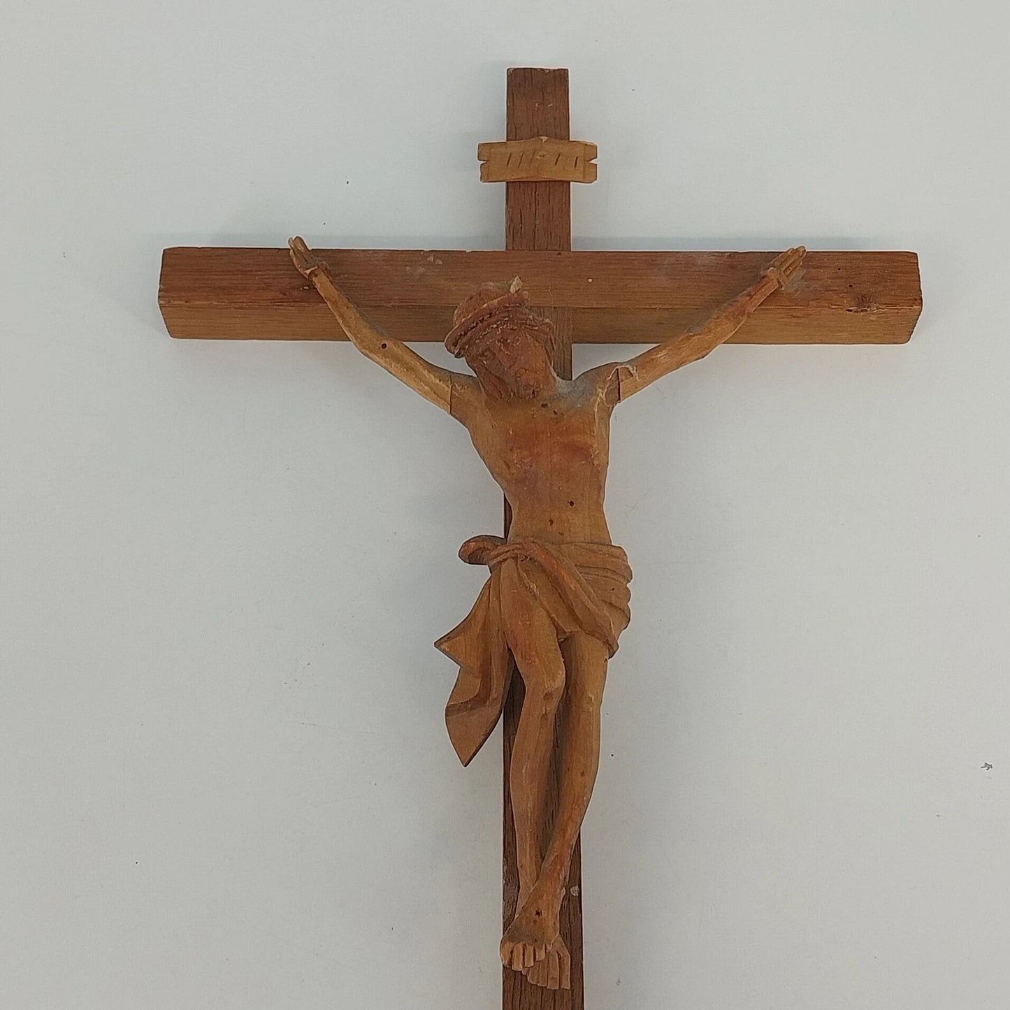 Hand Carved Wooden Crucifix Jesus INRI Two Tone Brown 15" Wall Cross Vintage