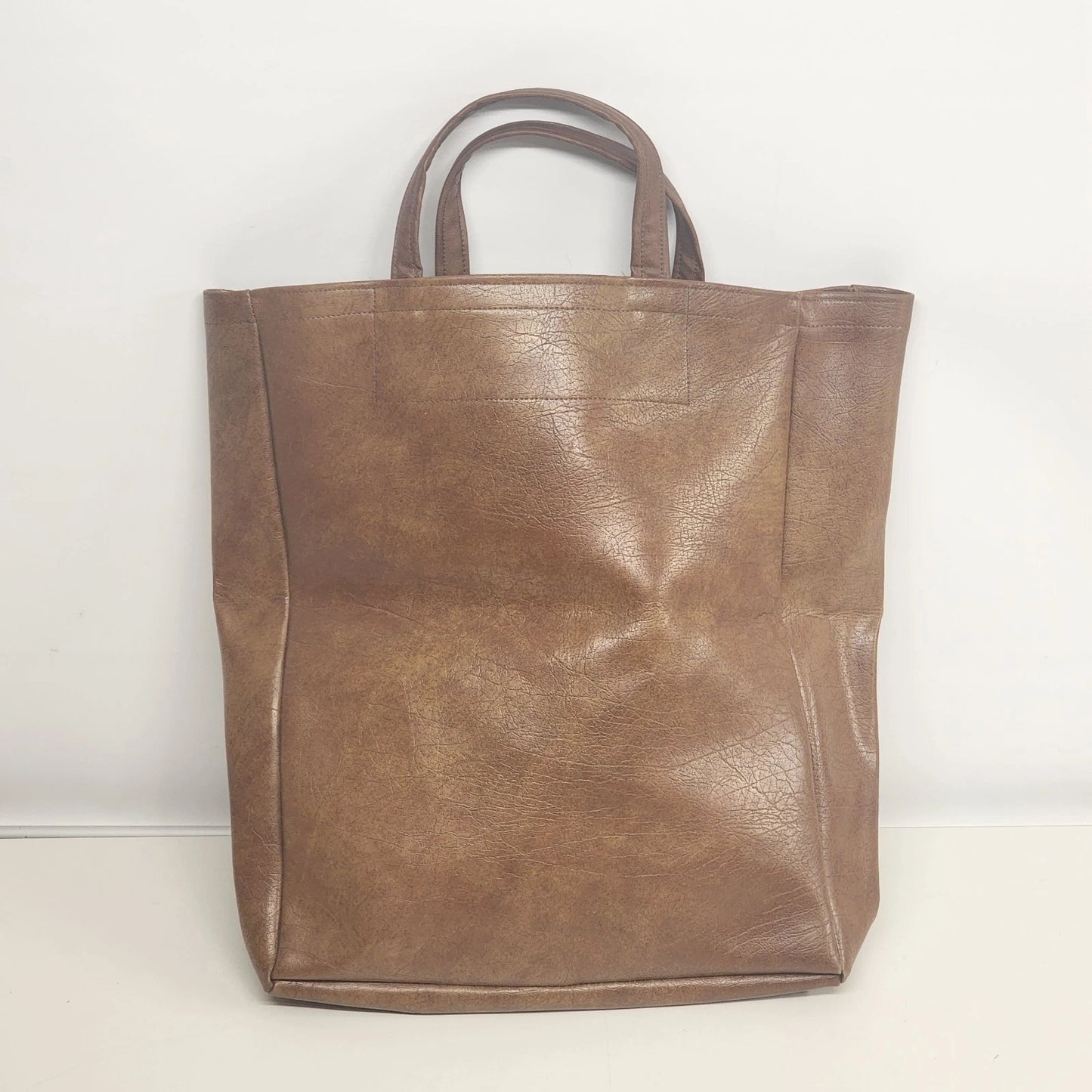 Brown Faux Leather Women's Tote Bag Large Shopper Korean Style Minimalist 16"h