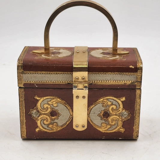 Florentine Italy Ladies Purse Box Shape Wood and Brass Bombe Design Hand Painted