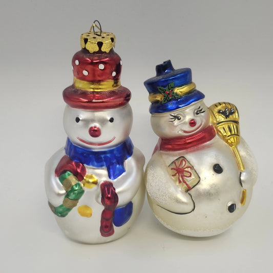 Lot 2 Blown Glass Snowman Christmas Ornaments Mercury Glass 5.75" & 4.75" Vtg