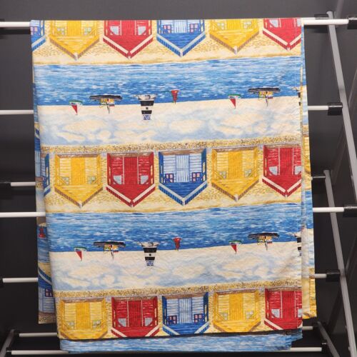 Blue Red and Yellow Linen Tablecloth Coastal Seaside Scene Ocean Beach Themed