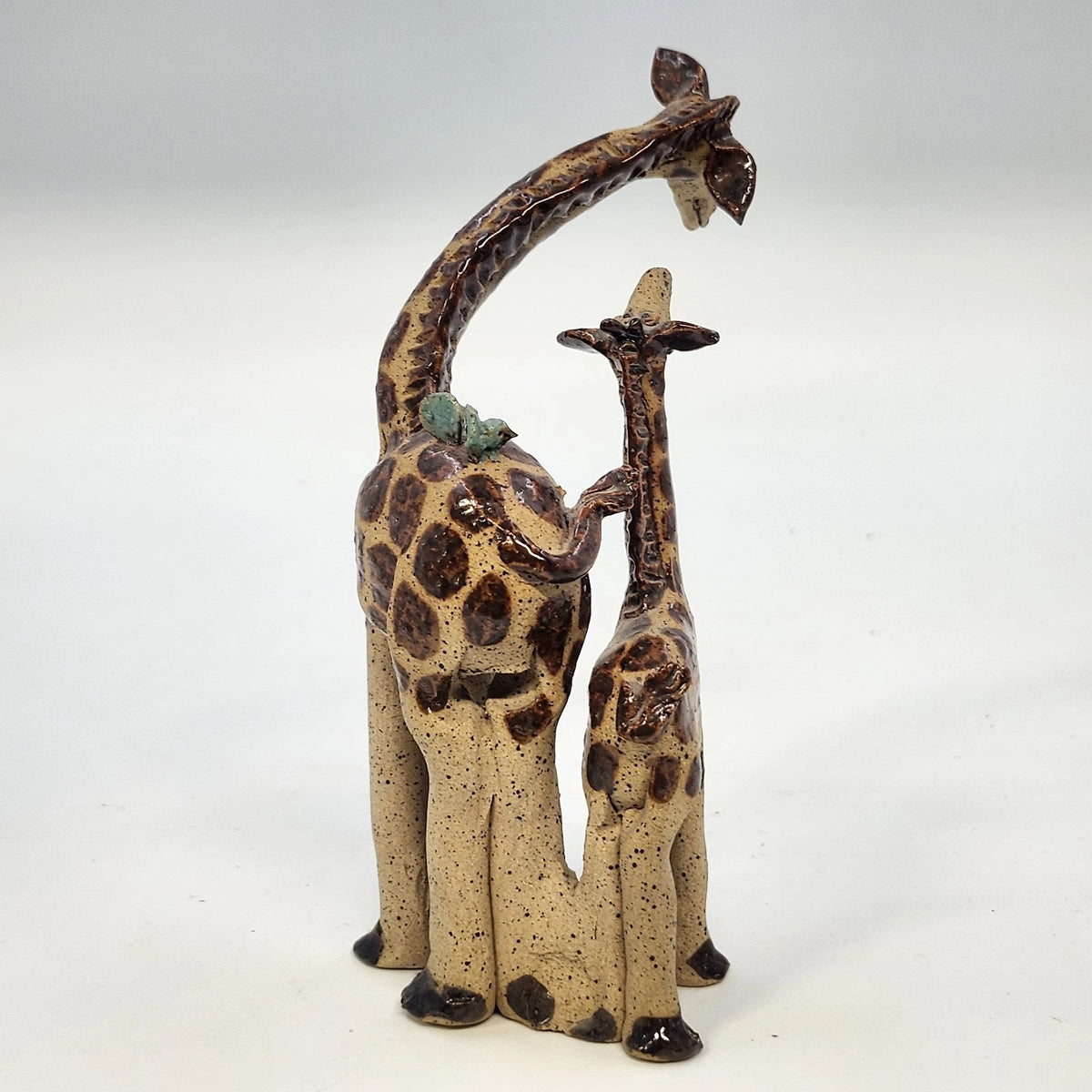 Studio Pottery Giraffe Family Figurine Brown Speckled 7" Artist Marked