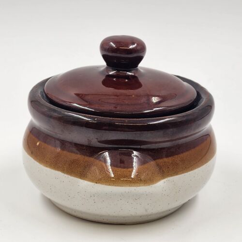 French Onion Soup Bowl Crock w Lid Casserole Dish Finger Grips Brown Stoneware