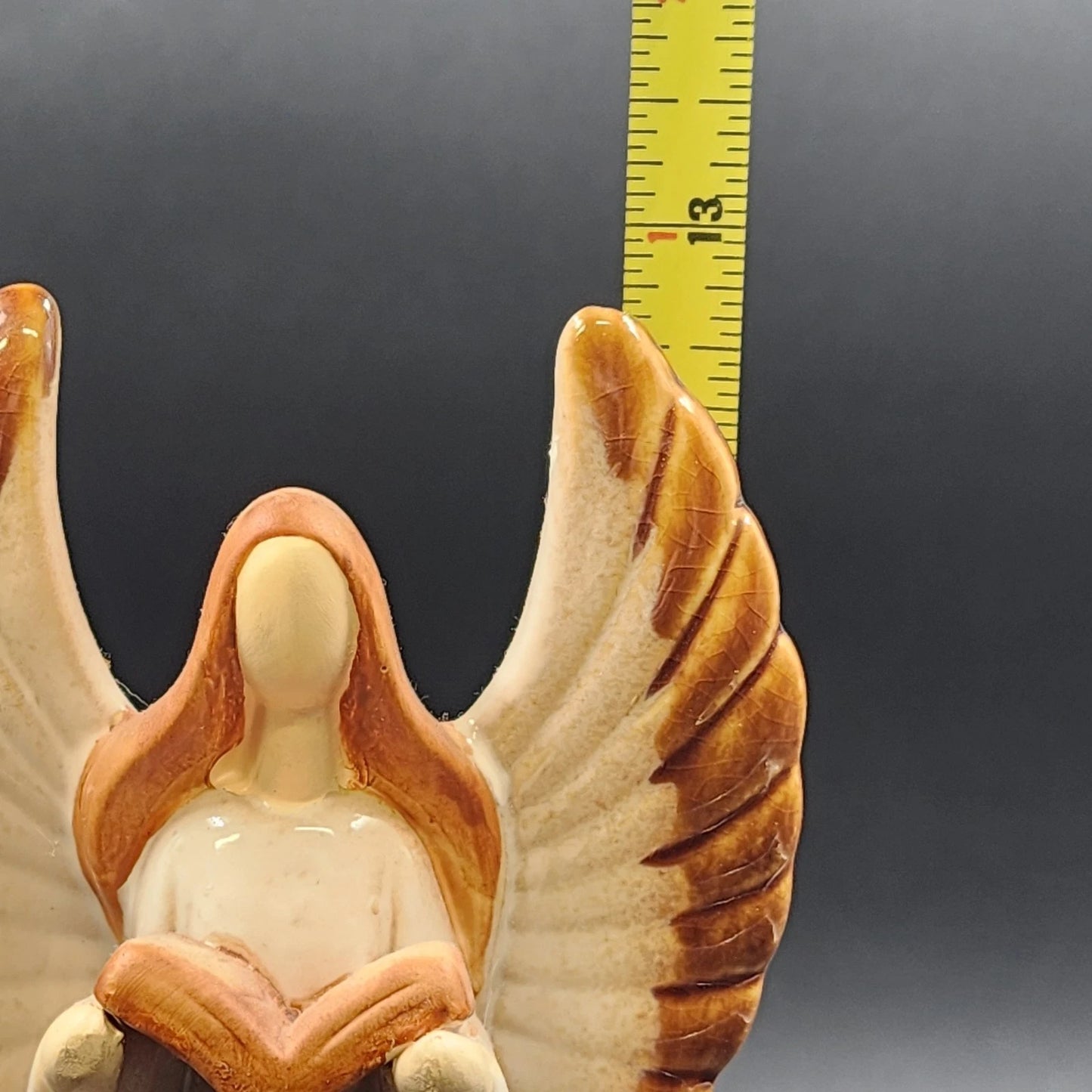 Glazed Ceramic Angel Figurine Holding Book 13" Neutral Cream Brown Home Decor