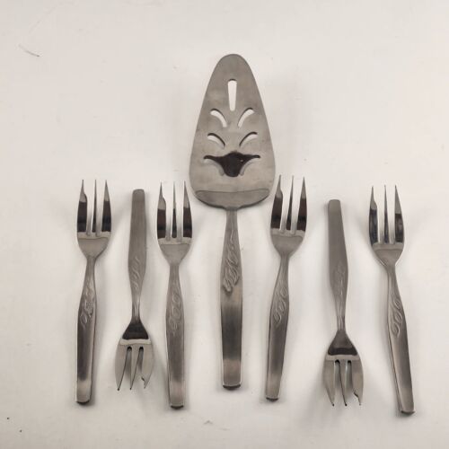 7 Piece Stainless Steel Cake Server With Forks Cutlery Set Vintage Leaf Pattern