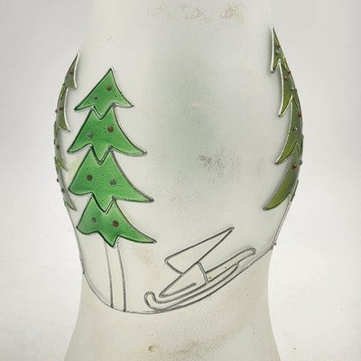 Glass Hurricane Candle Chimney 13"x6" Frosted w Hand Painted Christmas Pine Tree