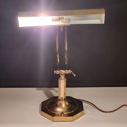 Brass Piano Banker Desk Lamp Adjustable Neck Height UL Taiwan Vintage 13" Wide