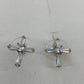 Silver Tone Cross Stud Earrings Clear Baguette Round Stones Religious Jewelry