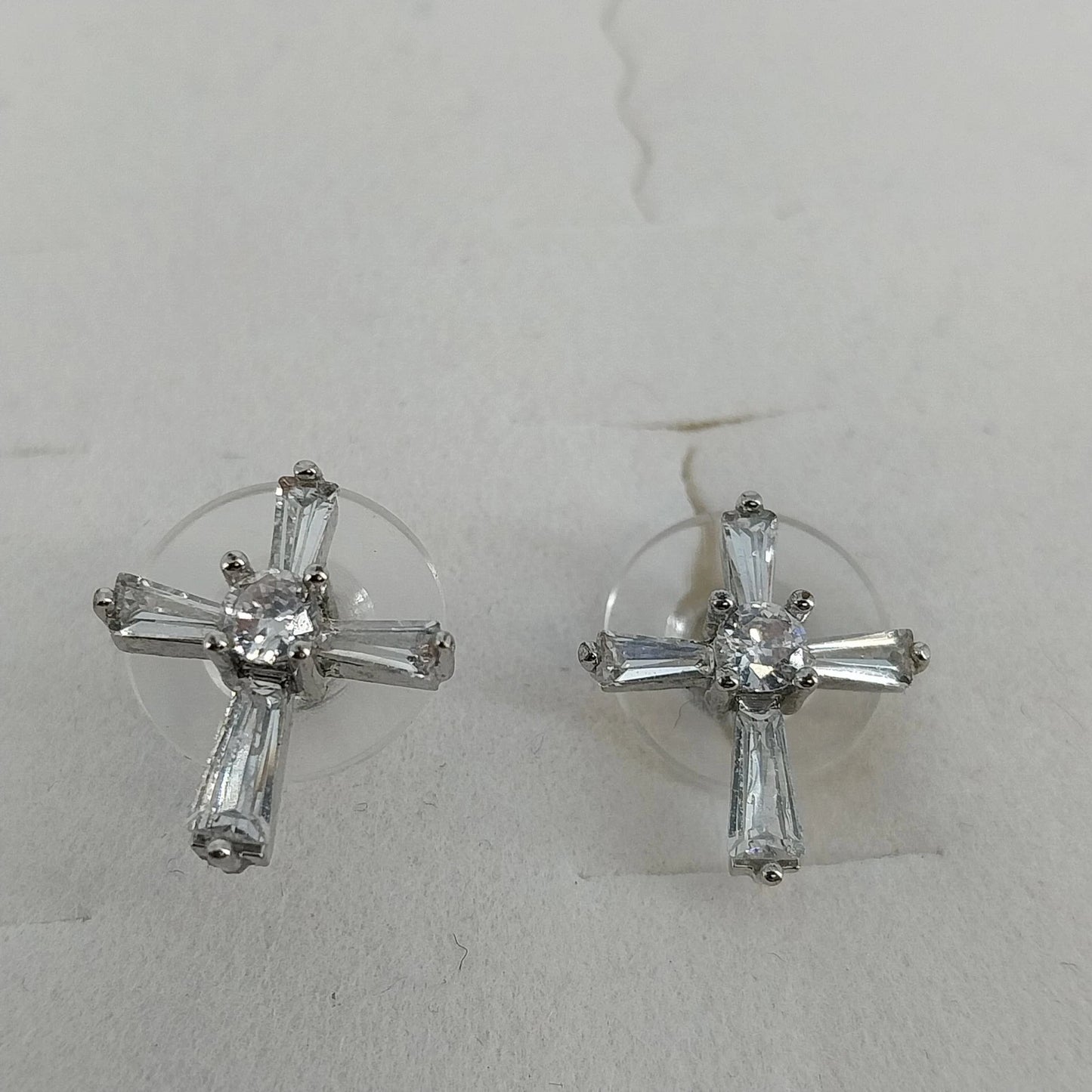 Silver Tone Cross Stud Earrings Clear Baguette Round Stones Religious Jewelry