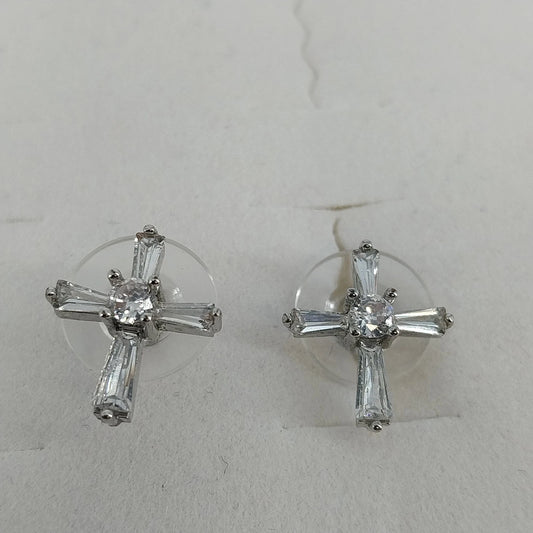 Silver Tone Cross Stud Earrings Clear Baguette Round Stones Religious Jewelry
