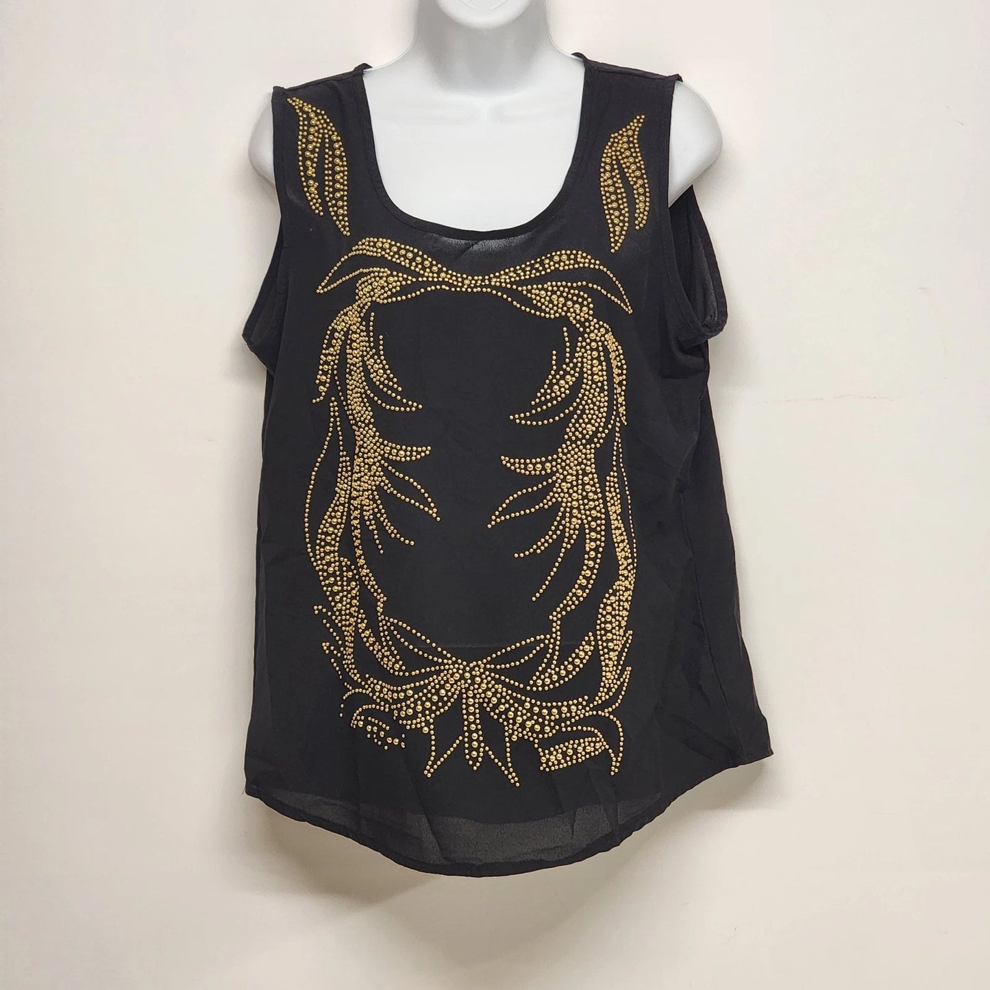 Solution Black Tank Top Large Gold Beaded Cotton Polyester Embellished Glam Vtg
