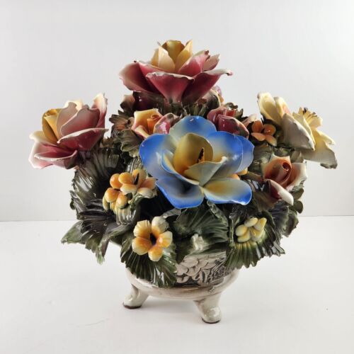 Capodimonte Large Floral Multicolor Centerpiece Footed Short Vase 10.5"h Chipped