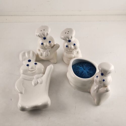 Pillsbury Doughboy 3 Pc Kitchen Set Spoon Rest Salt-Pepper Scouring Pad Holder