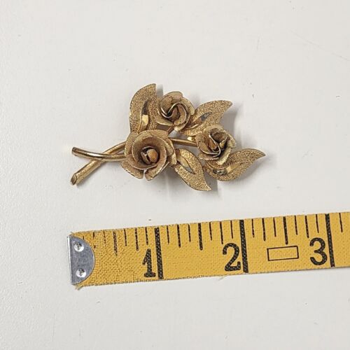 Textured Gold Tone Triple Rose Brooch with Leaves Costume Jewelry 2.5" Long Vtg