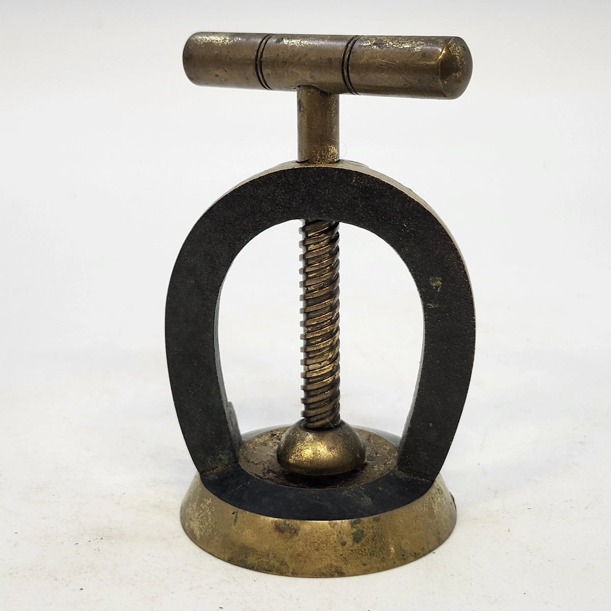 Horseshoe Screw-Down Nutcracker Gold Tone Metal T-Handle Tabletop 3.5" Patina