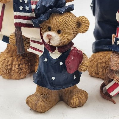 Set of 3 Patriotic Teddy Bear Figurines w Mouse 4th of July Stars & Stripes USA