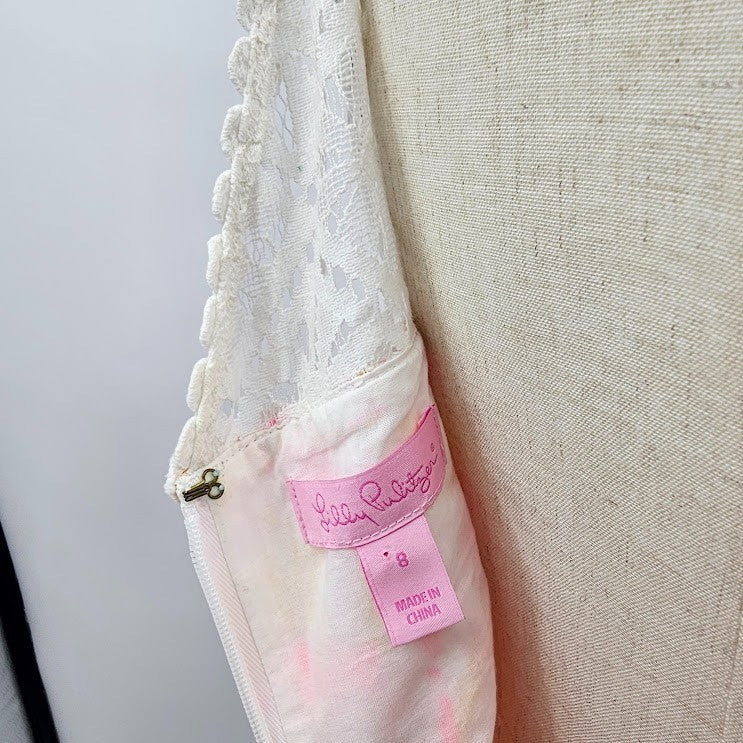 Lilly Pulitzer Sz 8 Pink White Lace Lined Back Zip Sleeveless Retro Dress