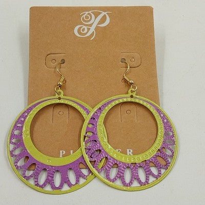 Plunder Sally Lime Green Purple Round Filigree Spring Dangle Drop Earrings 2"