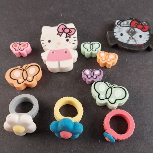 Hello Kitty Erasers set with 11 Pieces Butterflies Rings Flowers Vintage White